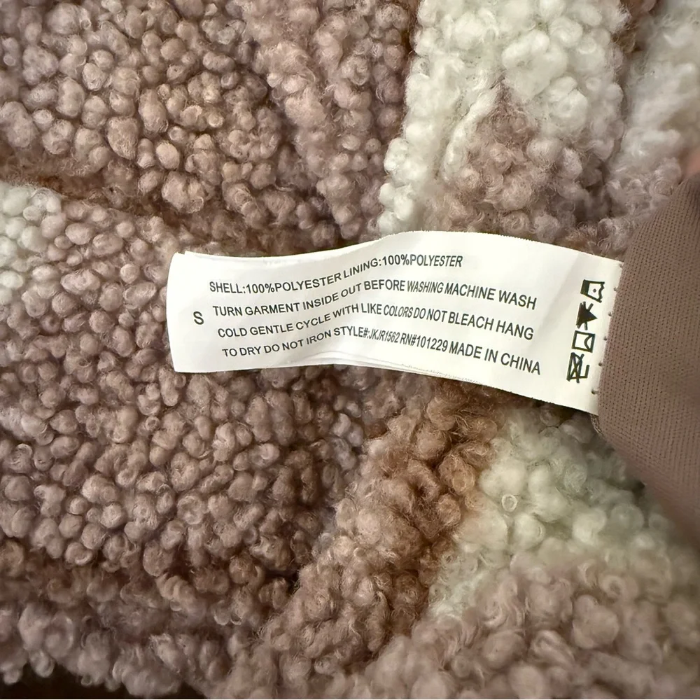 Stoosh Womens Plaid Teddy Fleece‎ Sherpa Jacket Brown Cream Zip Up Coat Small - Picture 4 of 4